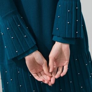 Chicos Faux Pearls Pleated Embellished Cardigan Teal Chicos Size 2/Size LargeNWT